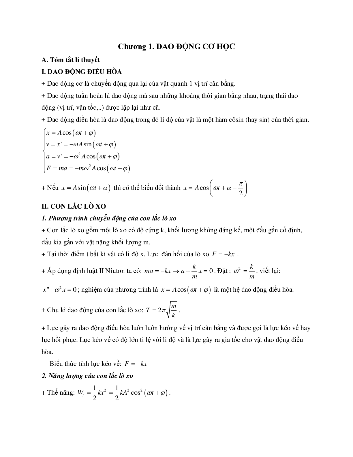 Câu hỏi lý thuyết chương Dao động cơ học môn Vật lý lớp 12 có đáp án (trang 1)