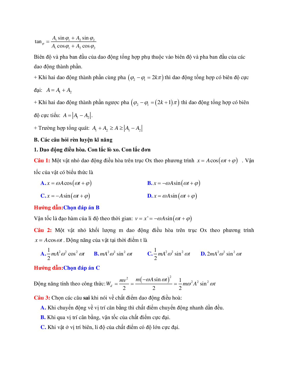 Câu hỏi lý thuyết chương Dao động cơ học môn Vật lý lớp 12 có đáp án (trang 5)