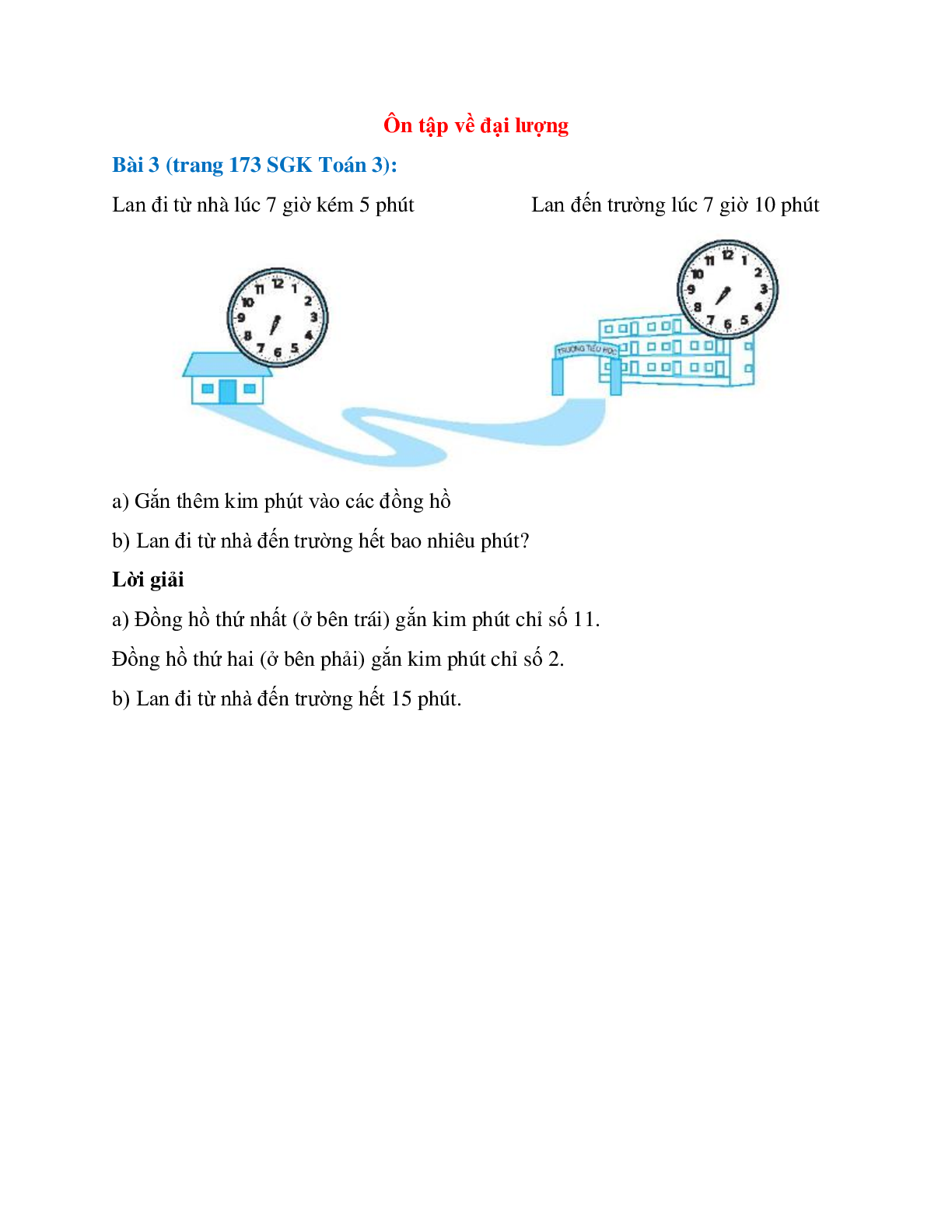 Lan đi từ nhà lúc 7 giờ kém 5 phút    Lan đến trường lúc 7 giờ 10 phút (trang 1)