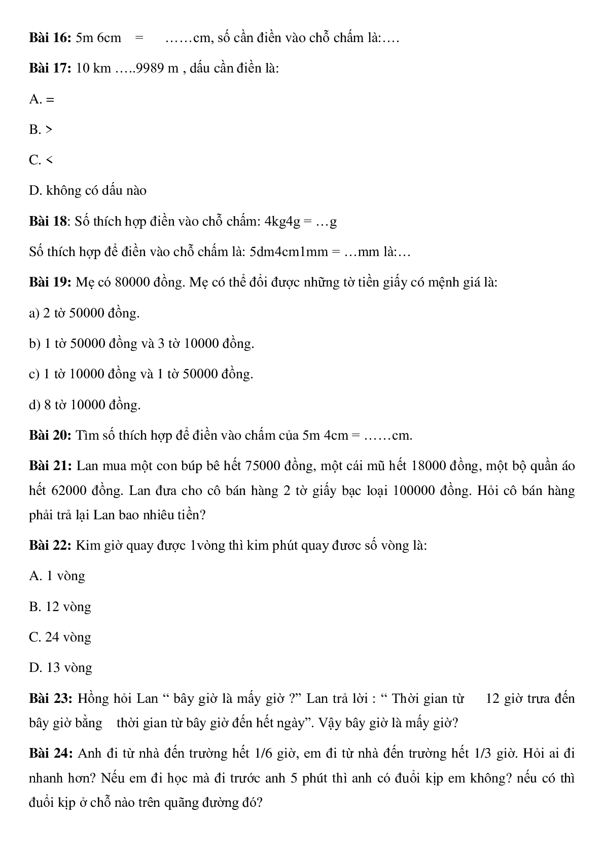 Bài tập về đại lượng và đo đại lượng toán lớp 3 có đáp án, chọn lọc (trang 2)