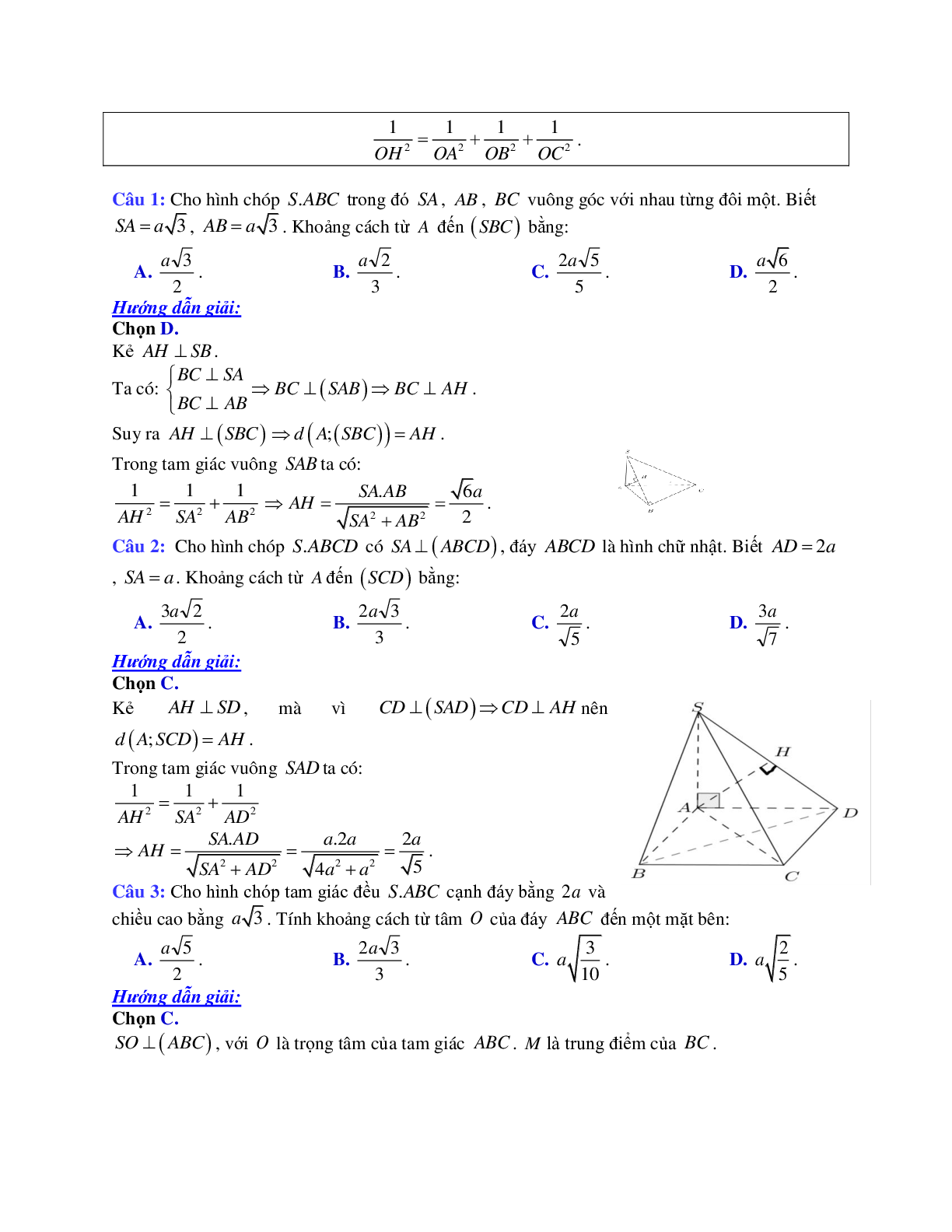 Phương pháp giải và bài tập về Cách tính khoảng cách từ một điểm đến một mặt phẳng chọn lọc (trang 2)