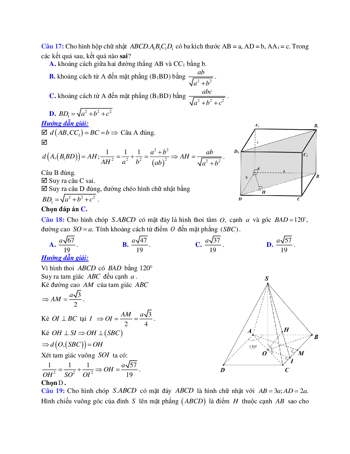 Phương pháp giải và bài tập về Cách tính khoảng cách từ một điểm đến một mặt phẳng chọn lọc (trang 9)