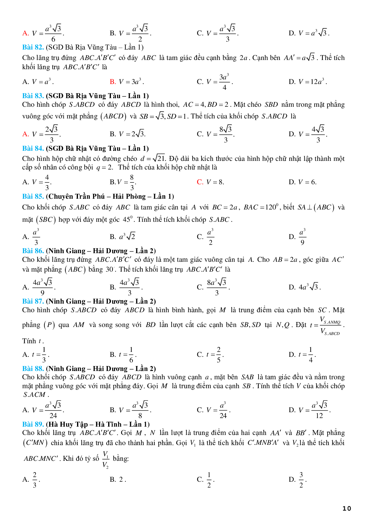 Tuyển chọn 140 bài tập thể tích khối đa diện trong các đề thi thử (trang 10)