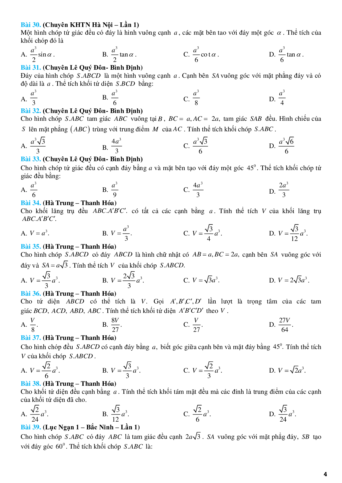 Tuyển chọn 140 bài tập thể tích khối đa diện trong các đề thi thử (trang 4)
