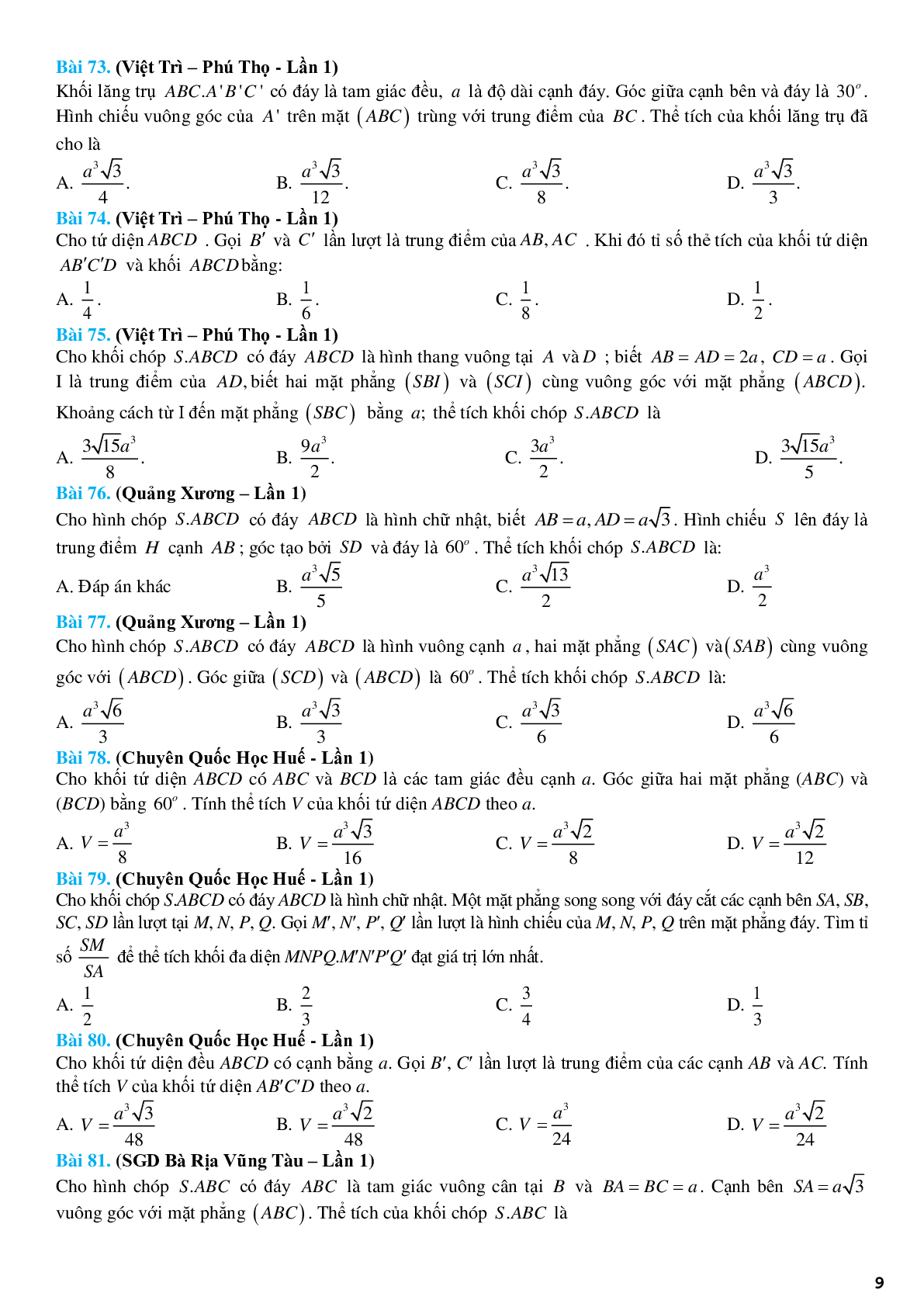 Tuyển chọn 140 bài tập thể tích khối đa diện trong các đề thi thử (trang 9)