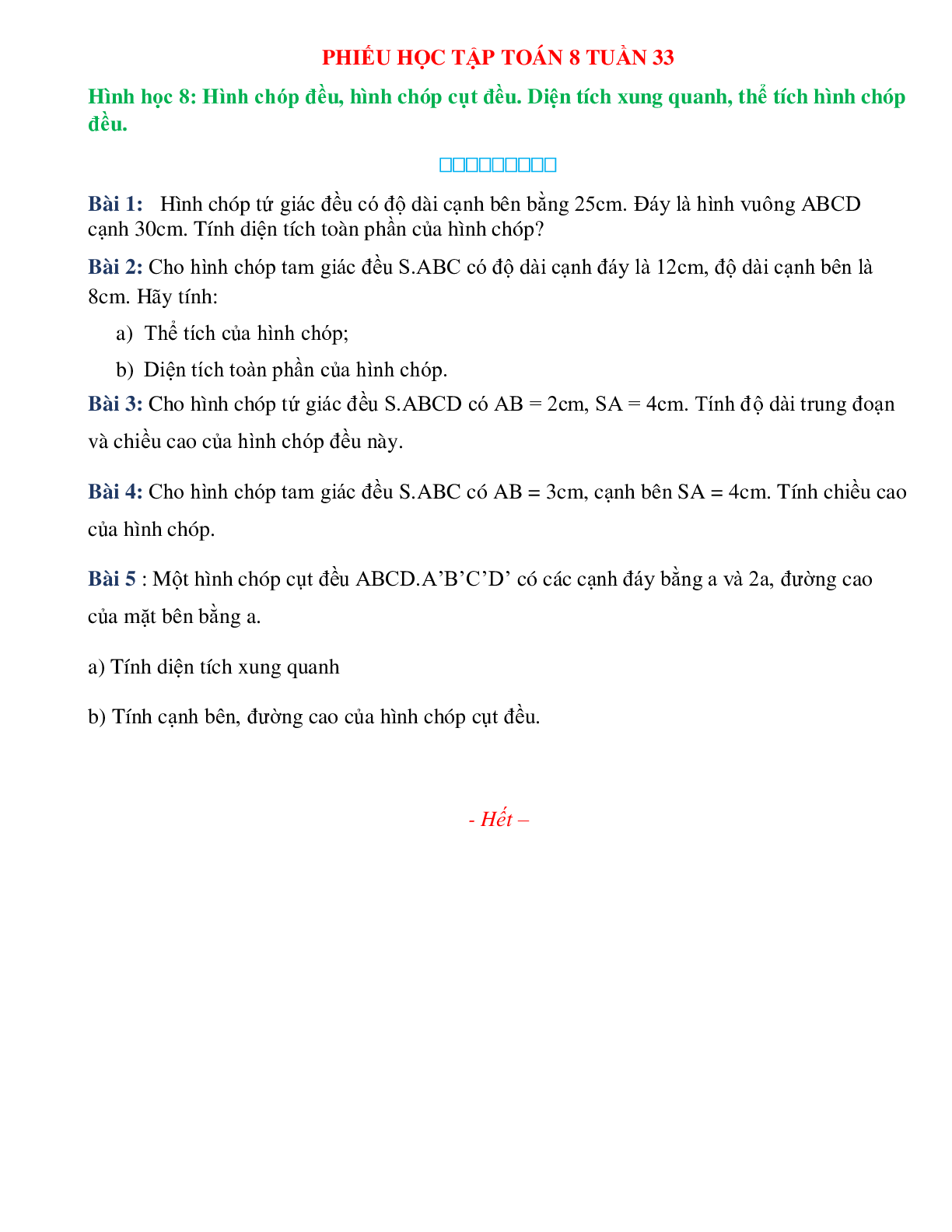 Phiếu bài tập tuần 33 - Toán 8 (trang 1)