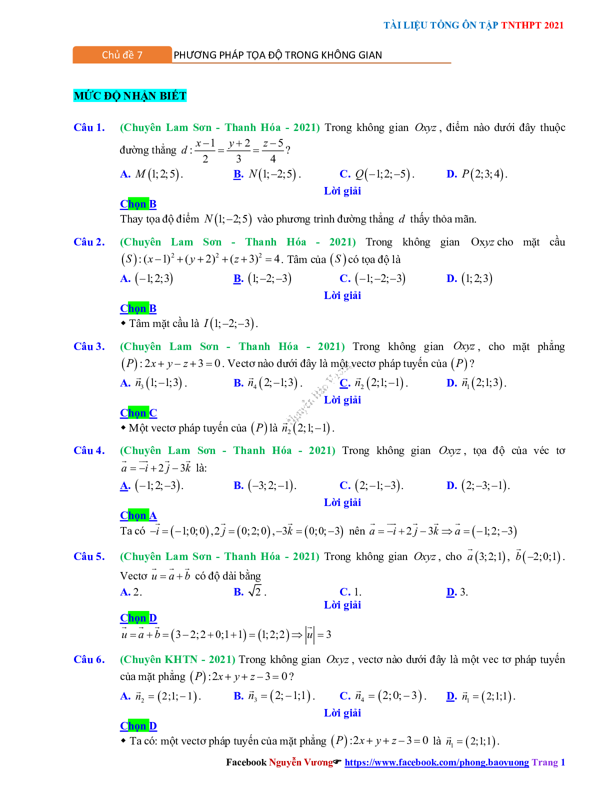Trắc nghiệm Ôn thi THPT QG Toán 12: Đáp án phương pháp tọa độ trong không gian mức độ nhận biết (trang 1)