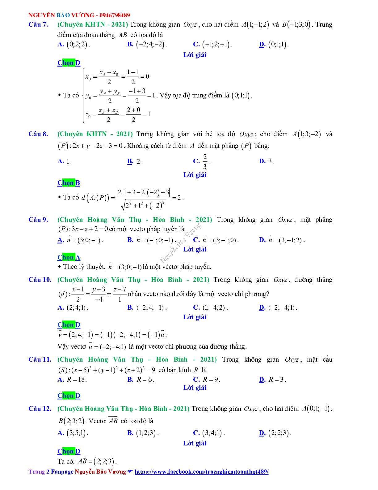 Trắc nghiệm Ôn thi THPT QG Toán 12: Đáp án phương pháp tọa độ trong không gian mức độ nhận biết (trang 2)