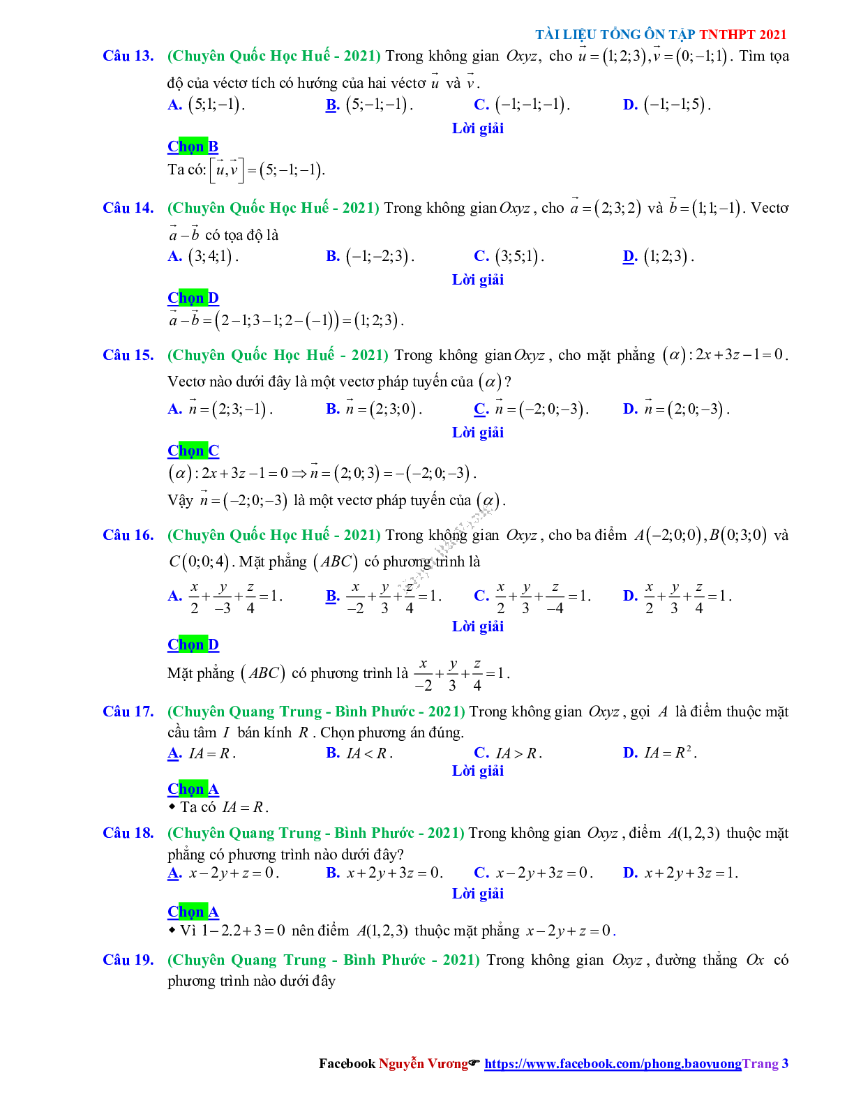 Trắc nghiệm Ôn thi THPT QG Toán 12: Đáp án phương pháp tọa độ trong không gian mức độ nhận biết (trang 3)