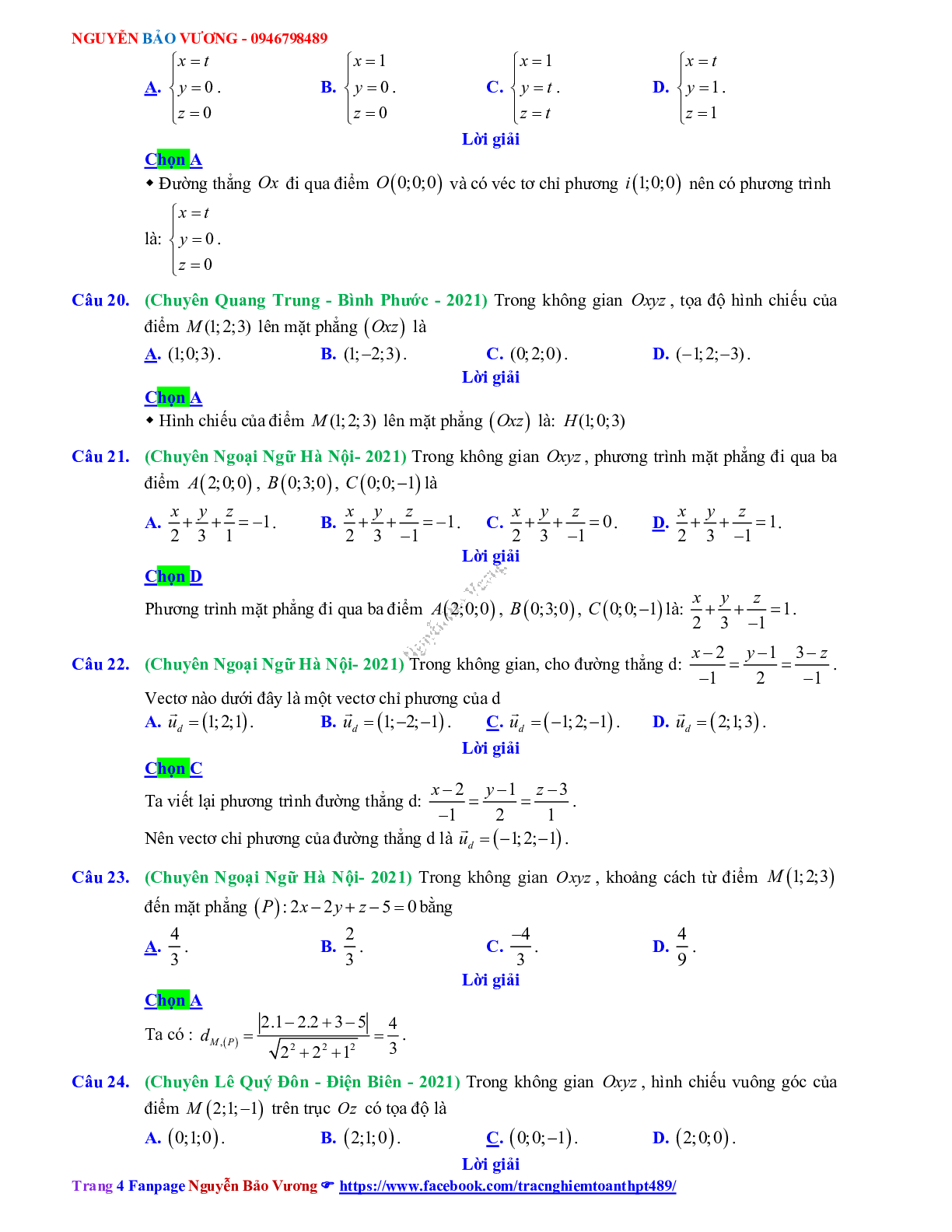 Trắc nghiệm Ôn thi THPT QG Toán 12: Đáp án phương pháp tọa độ trong không gian mức độ nhận biết (trang 4)