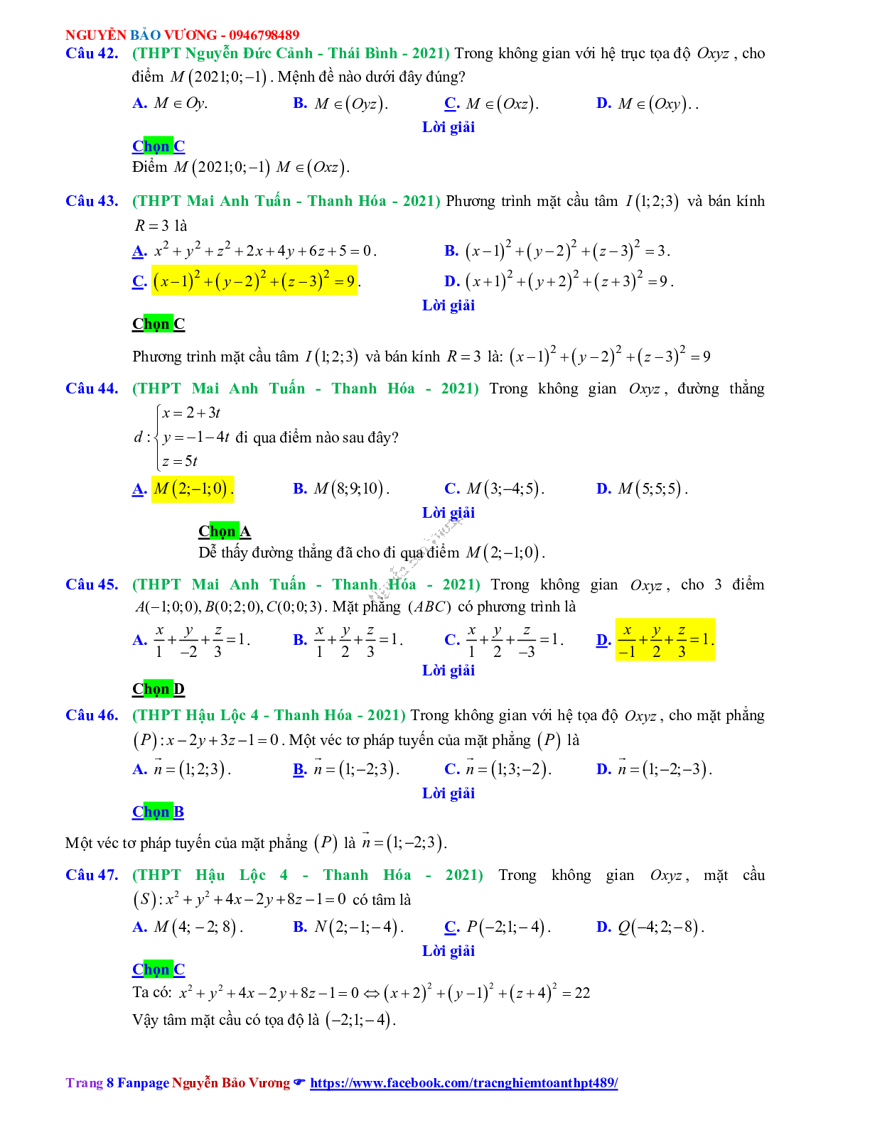 Trắc nghiệm Ôn thi THPT QG Toán 12: Đáp án phương pháp tọa độ trong không gian mức độ nhận biết (trang 8)