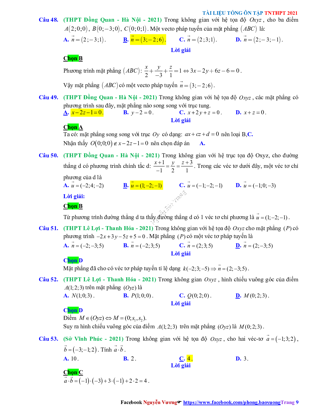 Trắc nghiệm Ôn thi THPT QG Toán 12: Đáp án phương pháp tọa độ trong không gian mức độ nhận biết (trang 9)