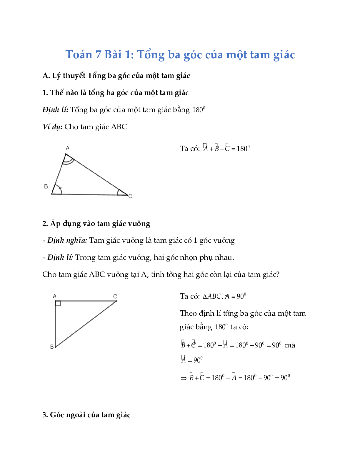 Lý thuyết Toán lớp 7: Tổng ba góc của một tam giác (trang 1)
