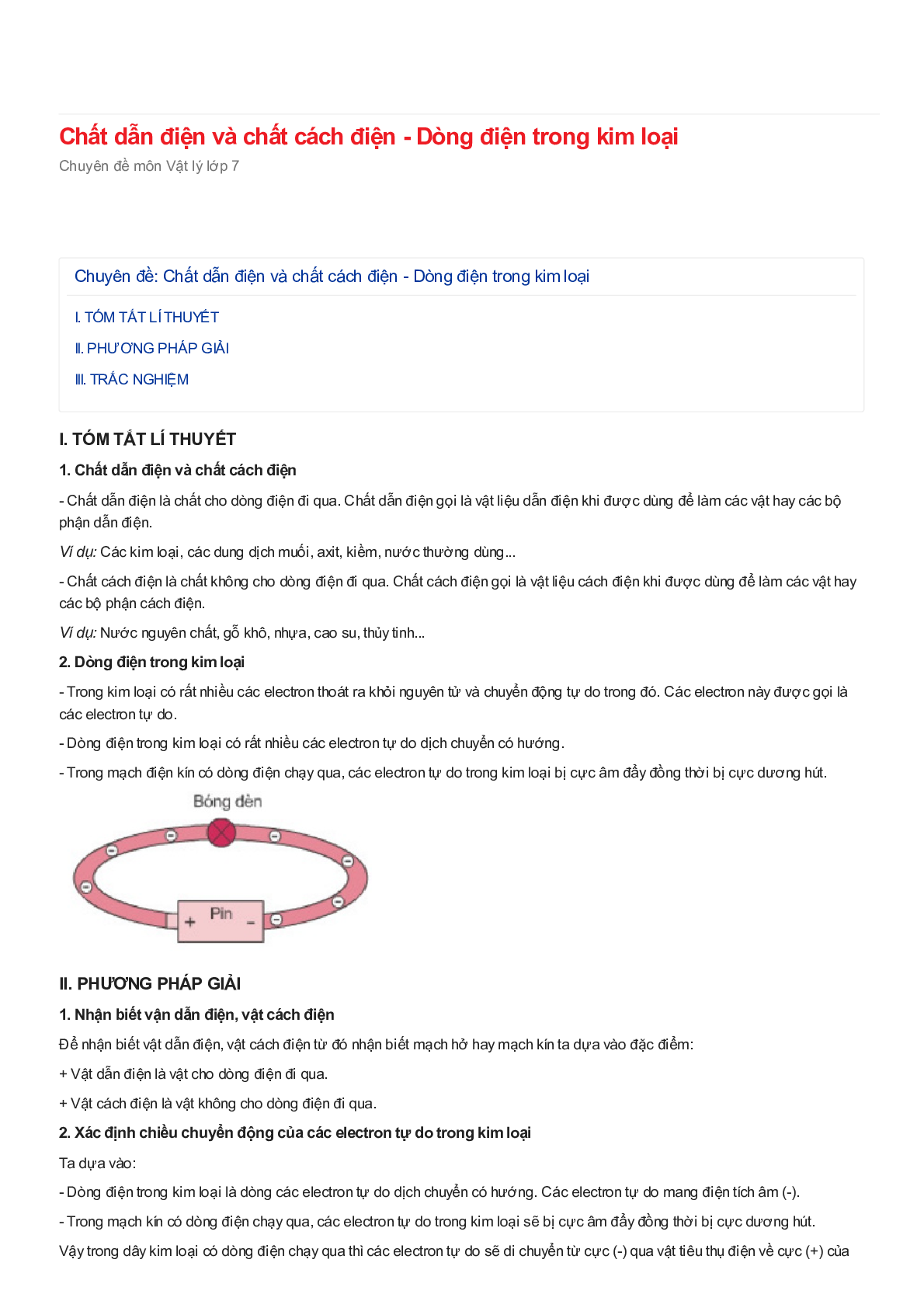 Chuyên đề Vật lý 7: Chất dẫn điện và chất cách điện - Dòng điện trong kim loại (trang 1)