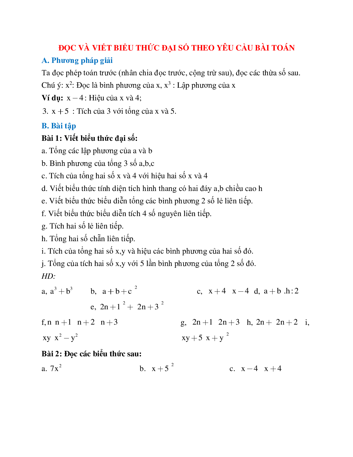 Lý thuyết và bài tập về đọc và viết biểu thức đại số theo yêu cầu bài toán chọn lọc (trang 1)
