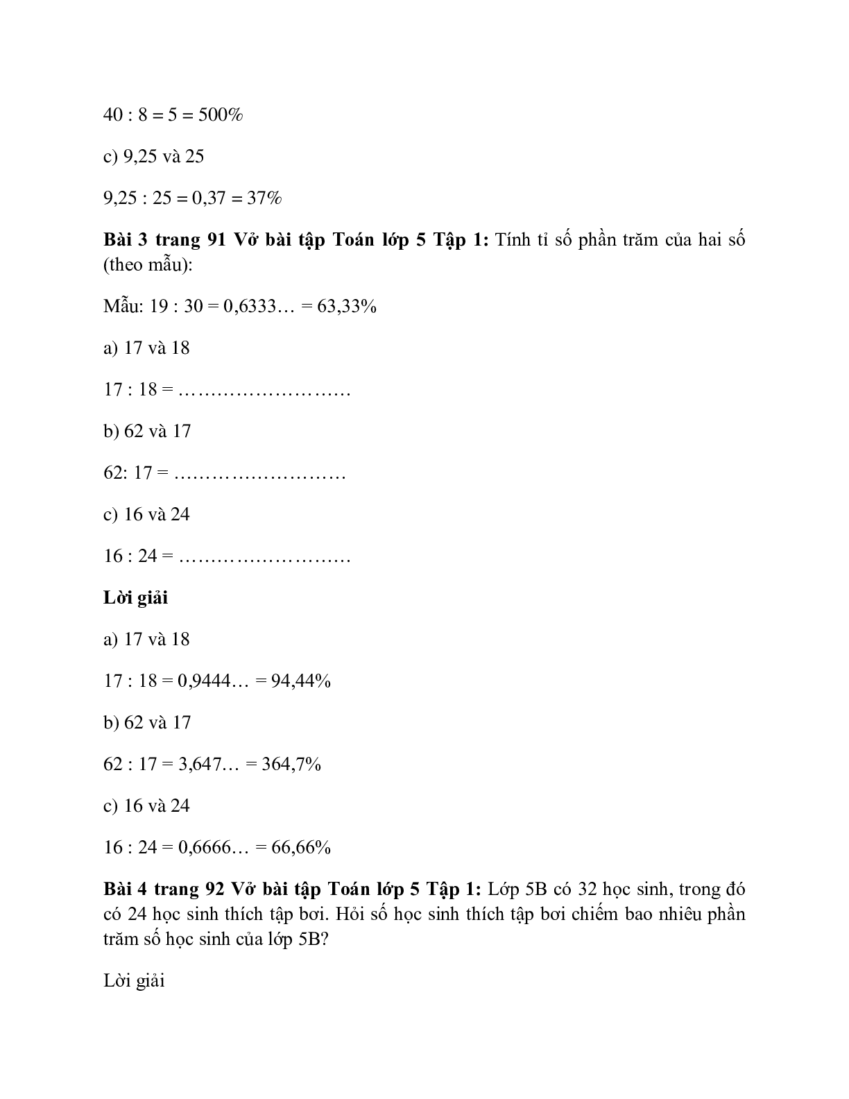 Vở bài tập Toán lớp 5 Tập 1 trang 91, 92 Bài 75: Giải toán về tỉ số phần trăm (trang 2)