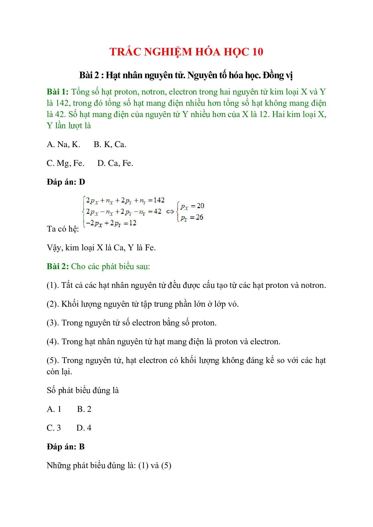 Trắc nghiệm Hạt nhân nguyên tử - Nguyên tố hóa học - Đồng vị có đáp án - Hóa học 10 (trang 1)