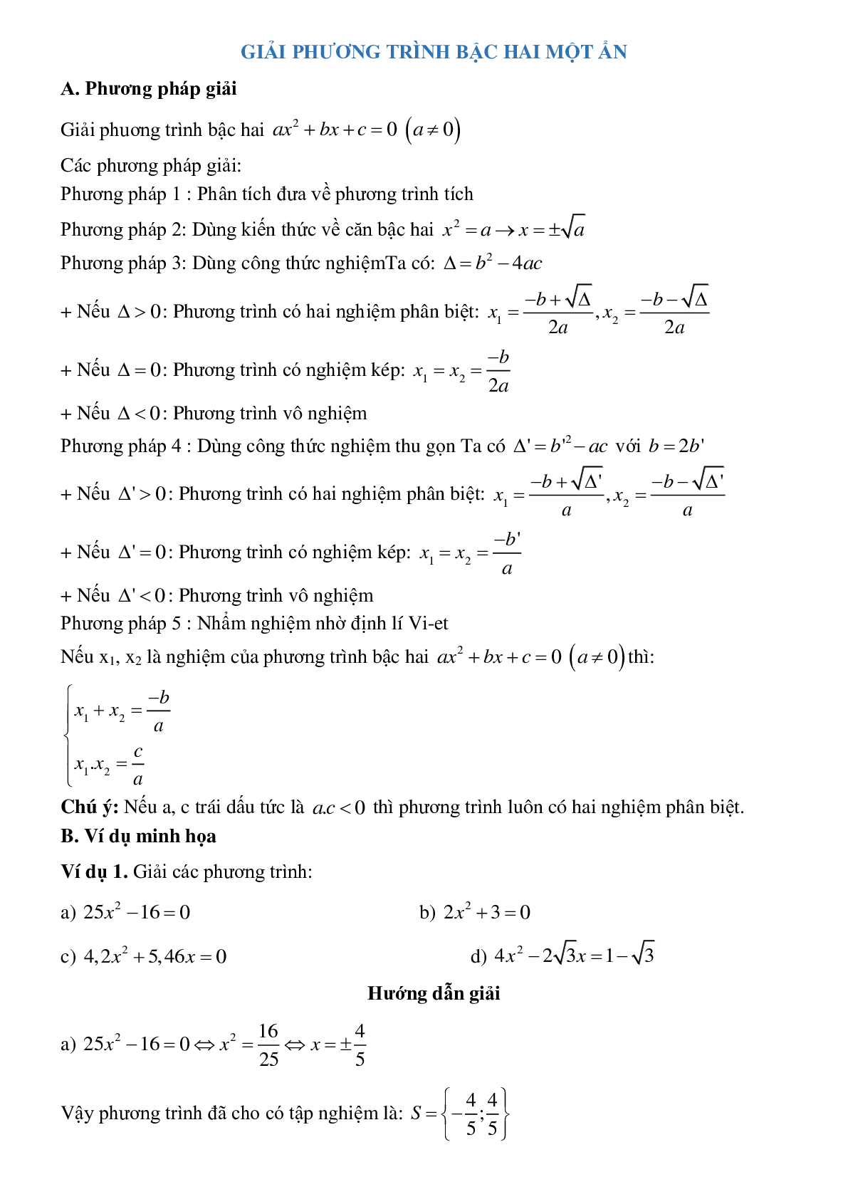 Giải phương trình aBài tập về Giải phương trình bậc hai một ẩn có lời giảibậc hai một ẩn (trang 1)