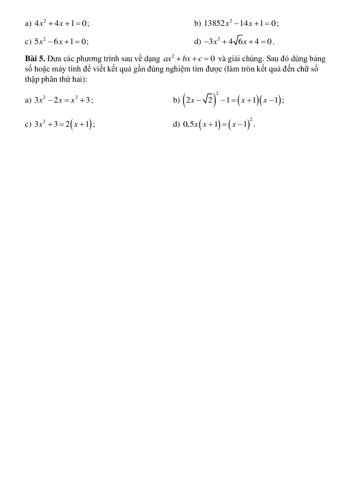 Giải phương trình aBài tập về Giải phương trình bậc hai một ẩn có lời giảibậc hai một ẩn (trang 4)
