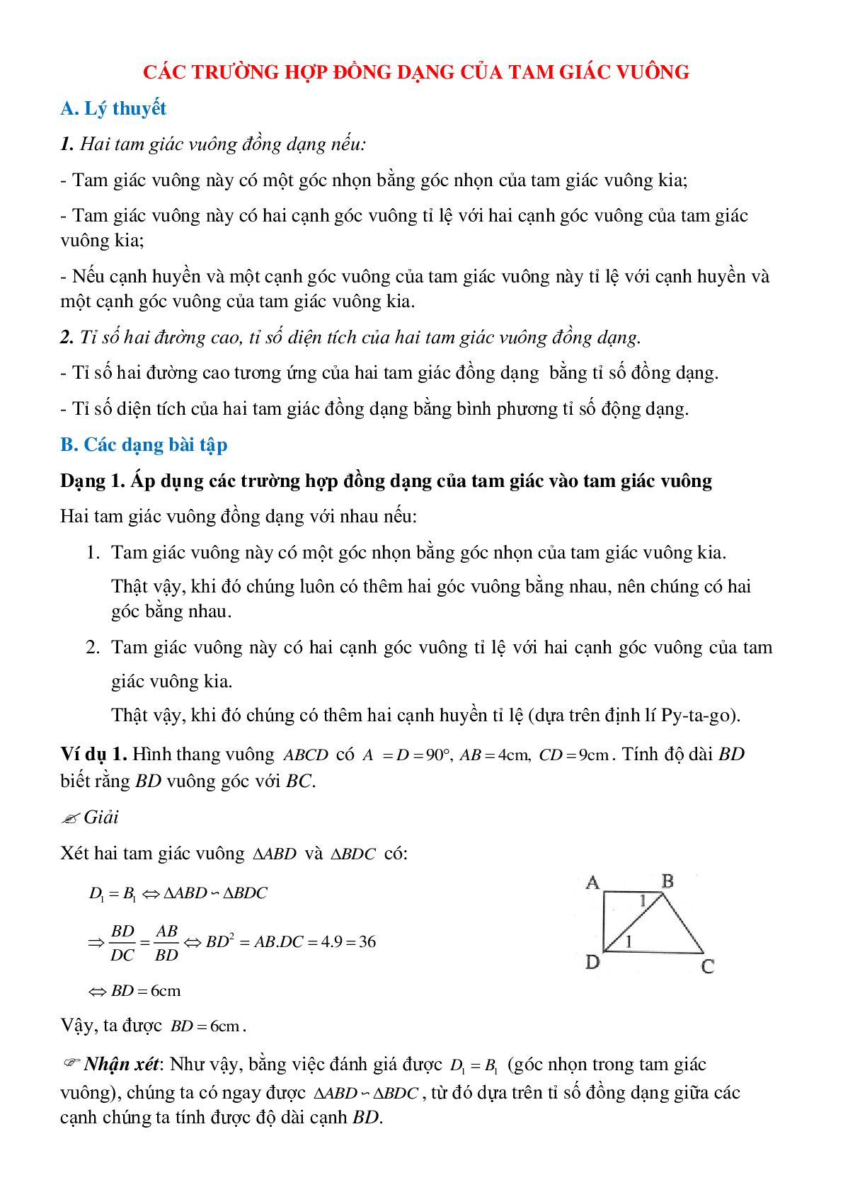 50 Bài tập Các trường hợp đồng dạng của tam giác vuông (có đáp án)- Toán 8 (trang 1)