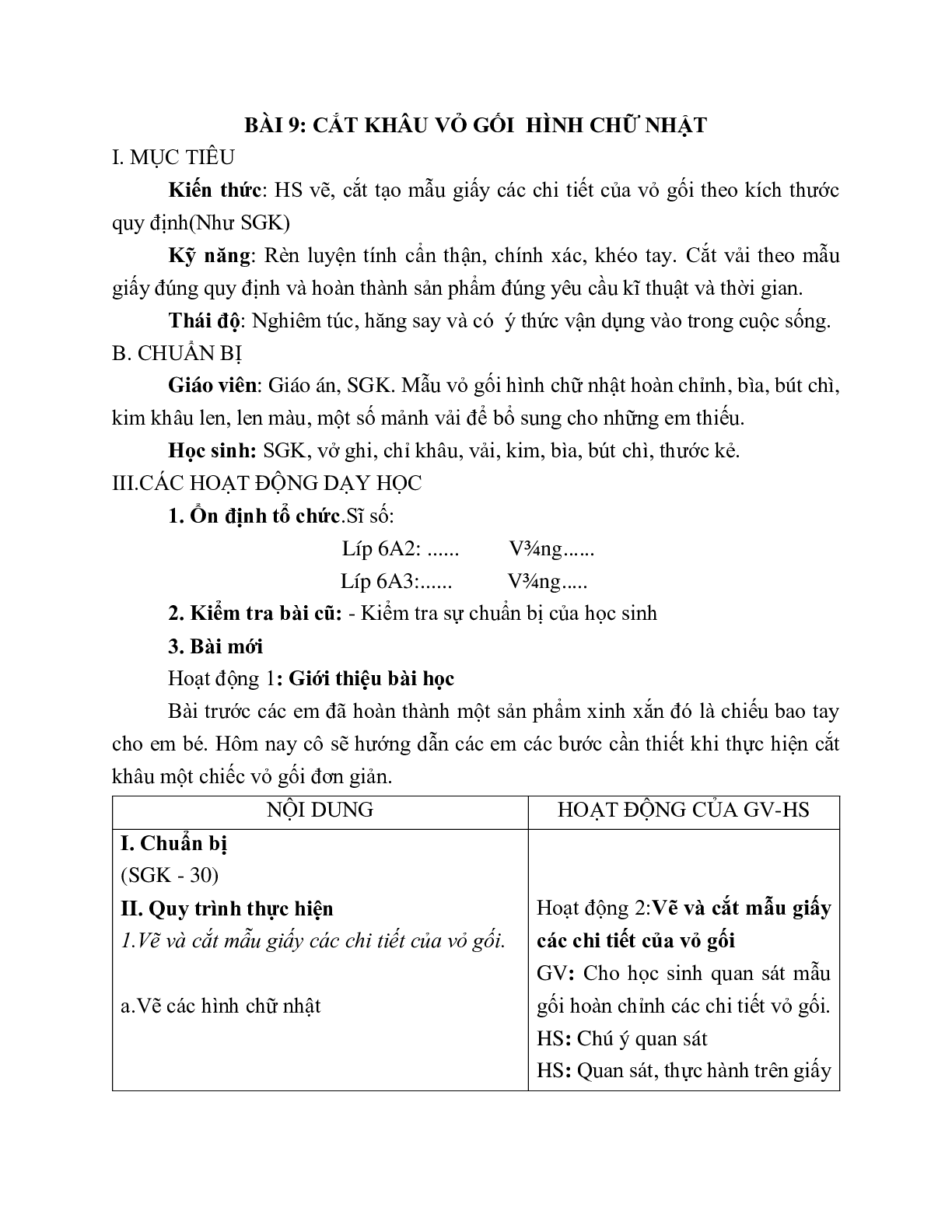 GIÁO ÁN CÔNG NGHỆ 6 BÀI 9: CẮT KHÂU VỎ GỐI  HÌNH CHỮ NHẬT (T1) MỚI NHẤT – CV5512 (trang 1)