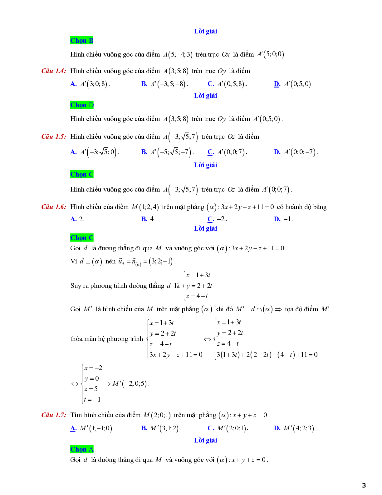 20 câu trắc nghiệm tìm hình chiếu của điểm trên mặt phẳng tọa độ - có đáp án chi tiết (trang 3)