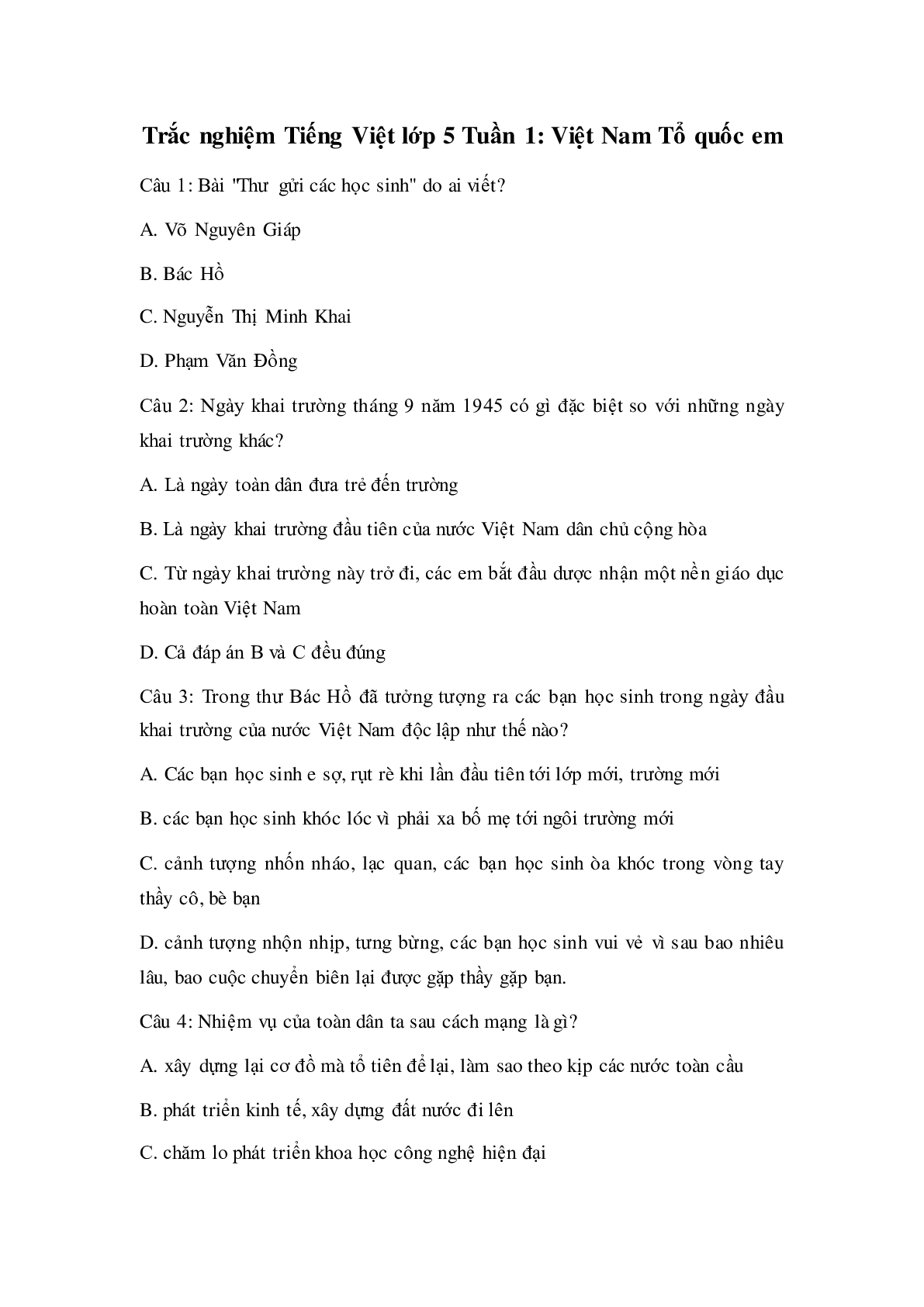 Trắc nghiệm Tiếng Việt lớp 5 Tuần 1 có đáp án (trang 1)