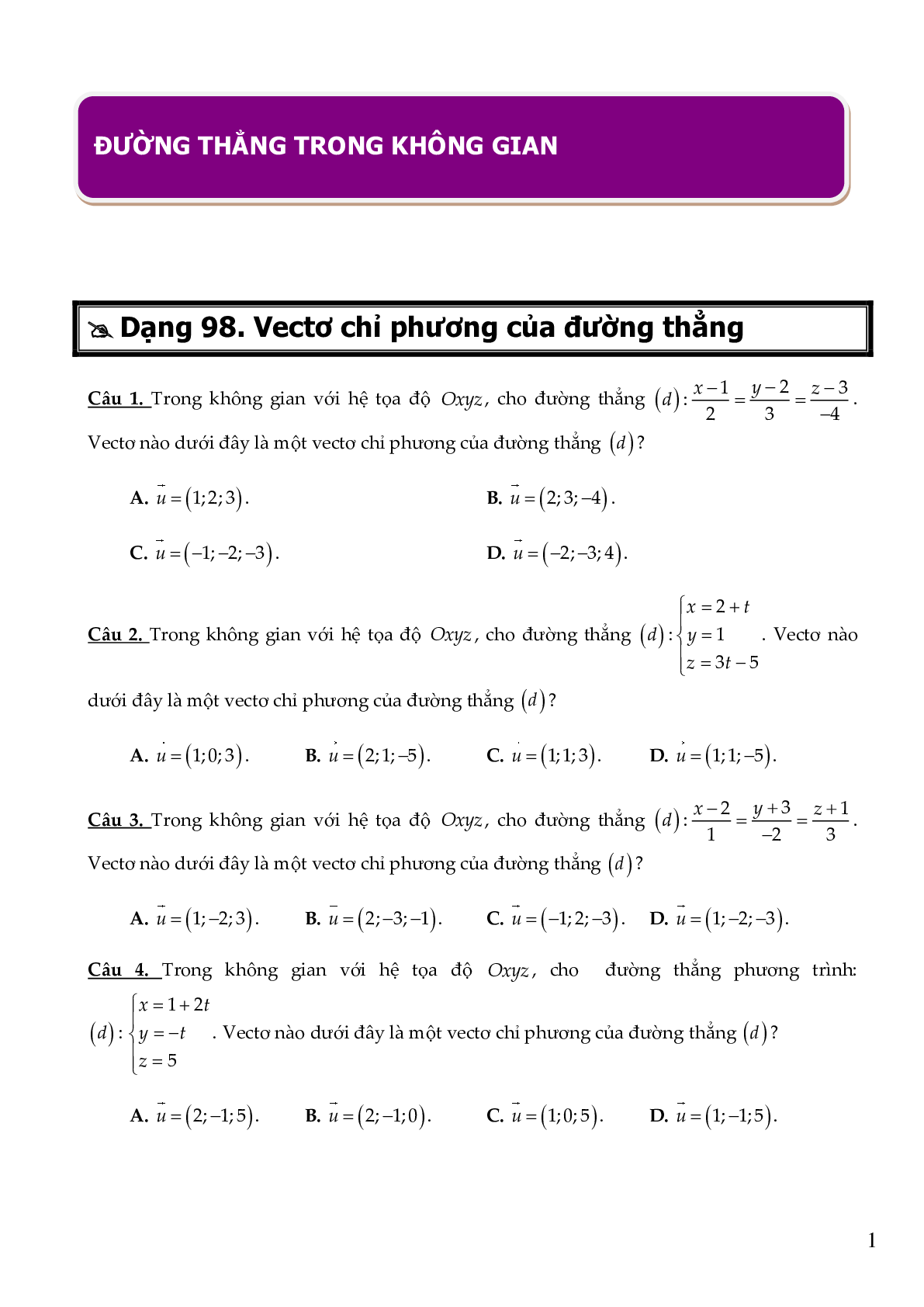 54 câu Trắc nghiệm Phương trình đường thẳng có đáp án 2023 – Toán 12 (trang 1)