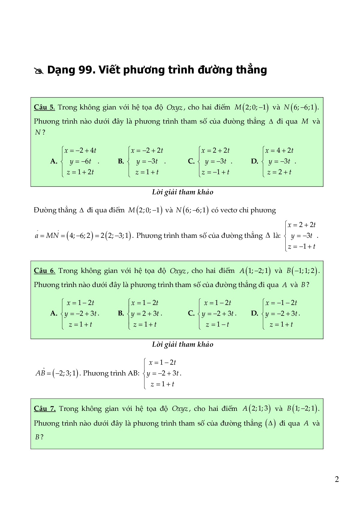 54 câu Trắc nghiệm Phương trình đường thẳng có đáp án 2023 – Toán 12 (trang 2)