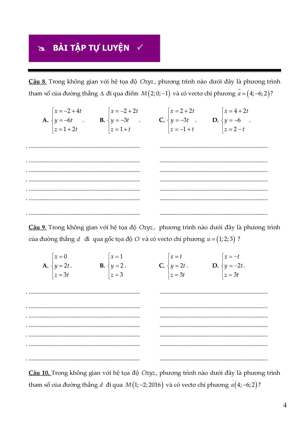 54 câu Trắc nghiệm Phương trình đường thẳng có đáp án 2023 – Toán 12 (trang 4)