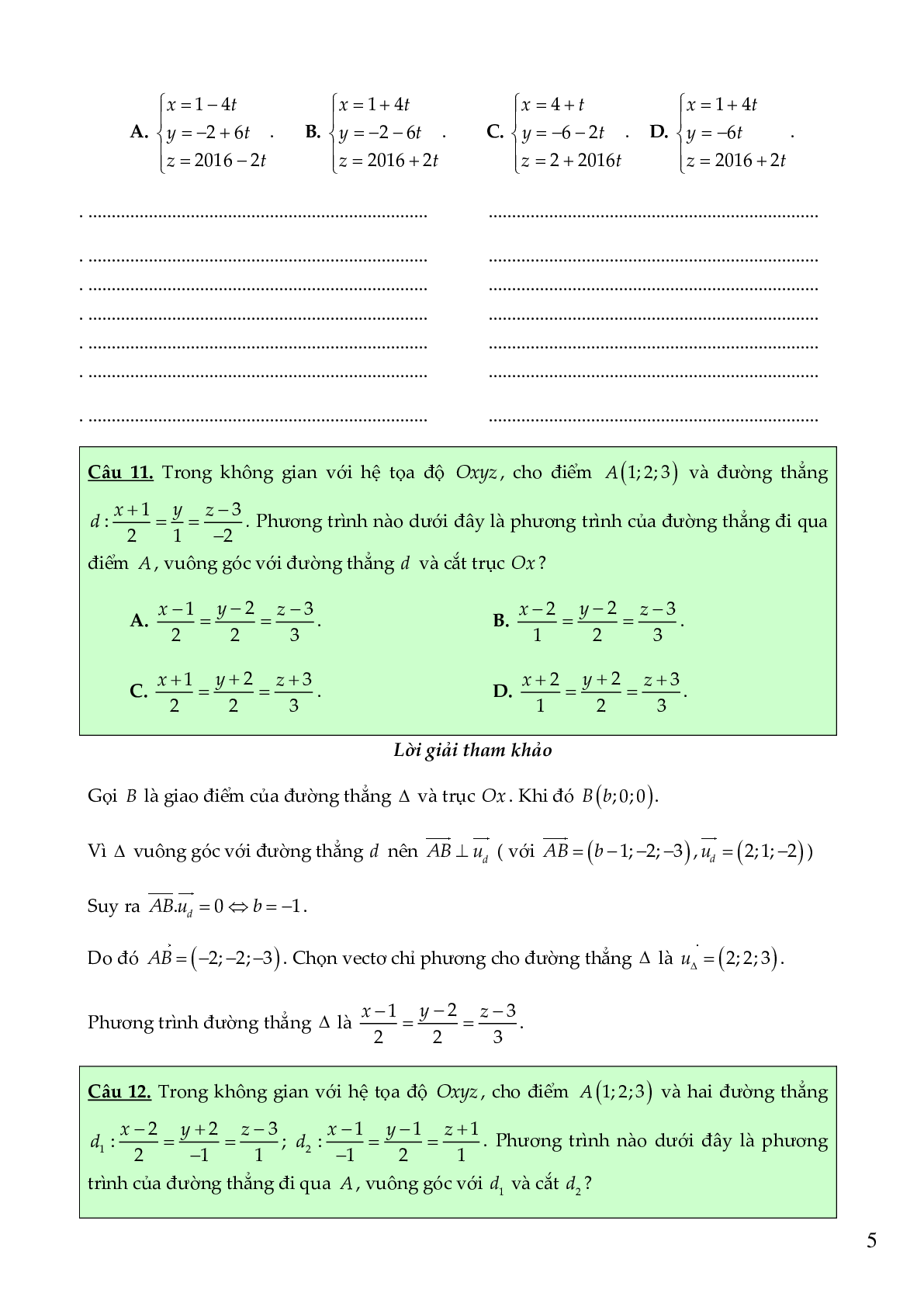 54 câu Trắc nghiệm Phương trình đường thẳng có đáp án 2023 – Toán 12 (trang 5)