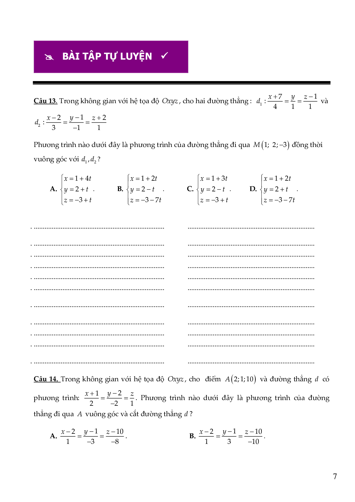 54 câu Trắc nghiệm Phương trình đường thẳng có đáp án 2023 – Toán 12 (trang 7)
