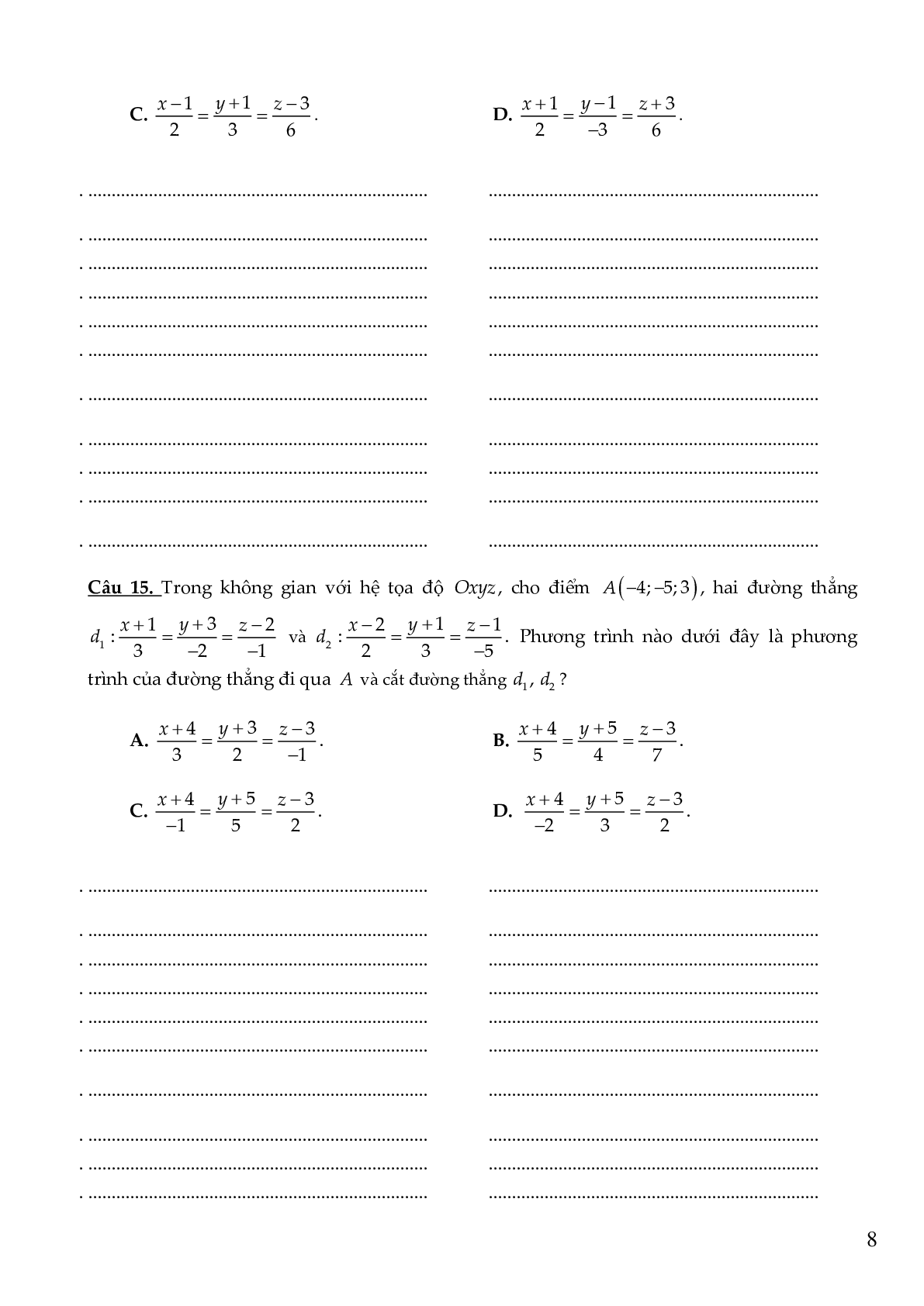 54 câu Trắc nghiệm Phương trình đường thẳng có đáp án 2023 – Toán 12 (trang 8)