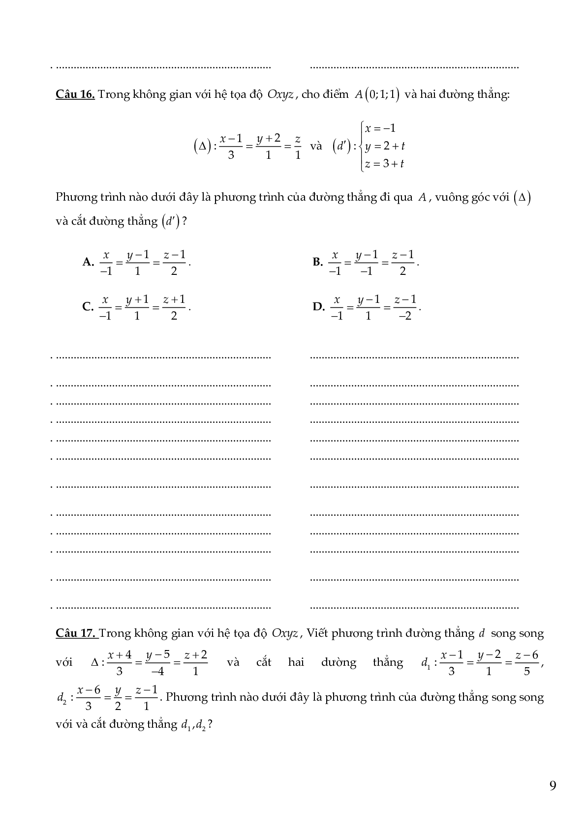 54 câu Trắc nghiệm Phương trình đường thẳng có đáp án 2023 – Toán 12 (trang 9)