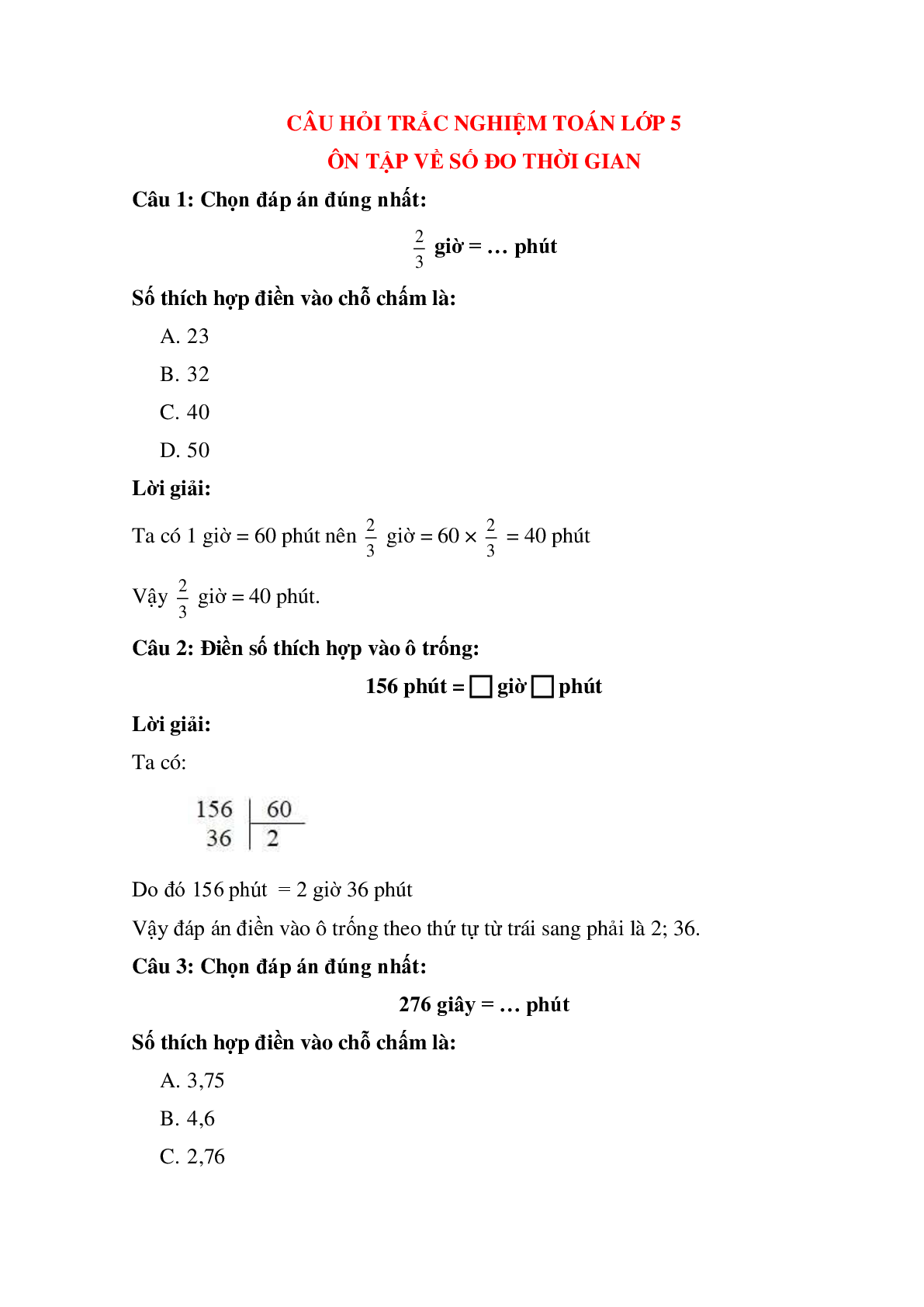 12 câu Trắc nghiệm Ôn tập về đo thời gian có đáp án 2023 – Toán lớp 5 (trang 1)