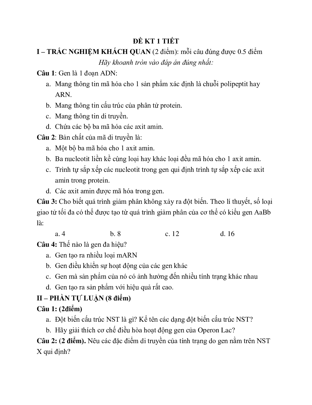 Giáo án Sinh học 12 Ôn tập giữa học kì 1 (tiếp theo) mới nhất - CV5555 (trang 4)