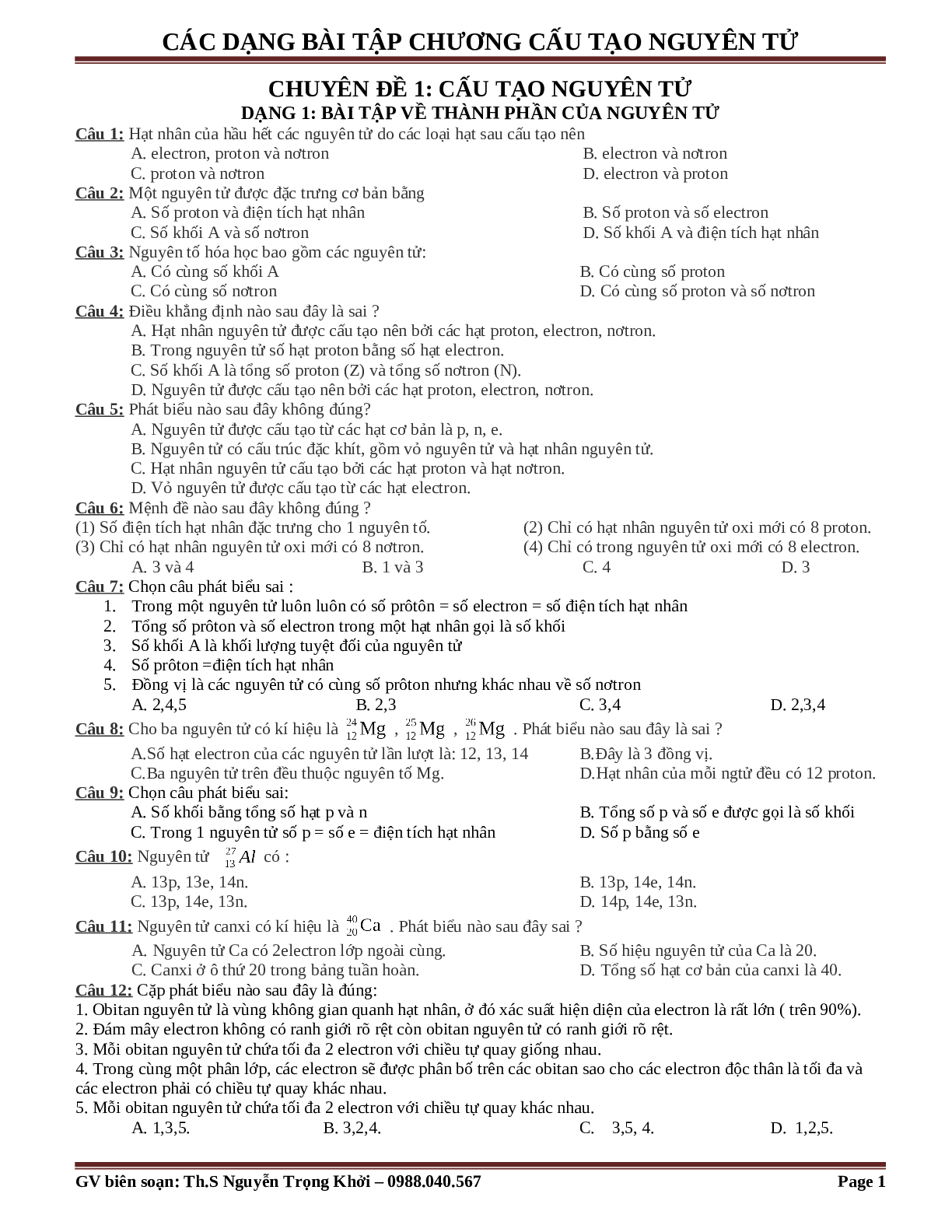 Bài tập về cấu tạo nguyên tử cơ bản, nâng cao (trang 1)