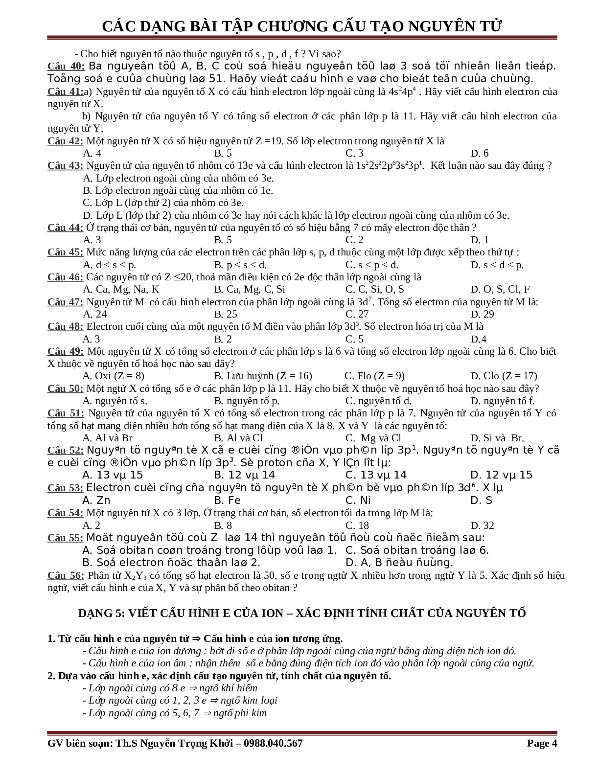 Bài tập về cấu tạo nguyên tử cơ bản, nâng cao (trang 4)