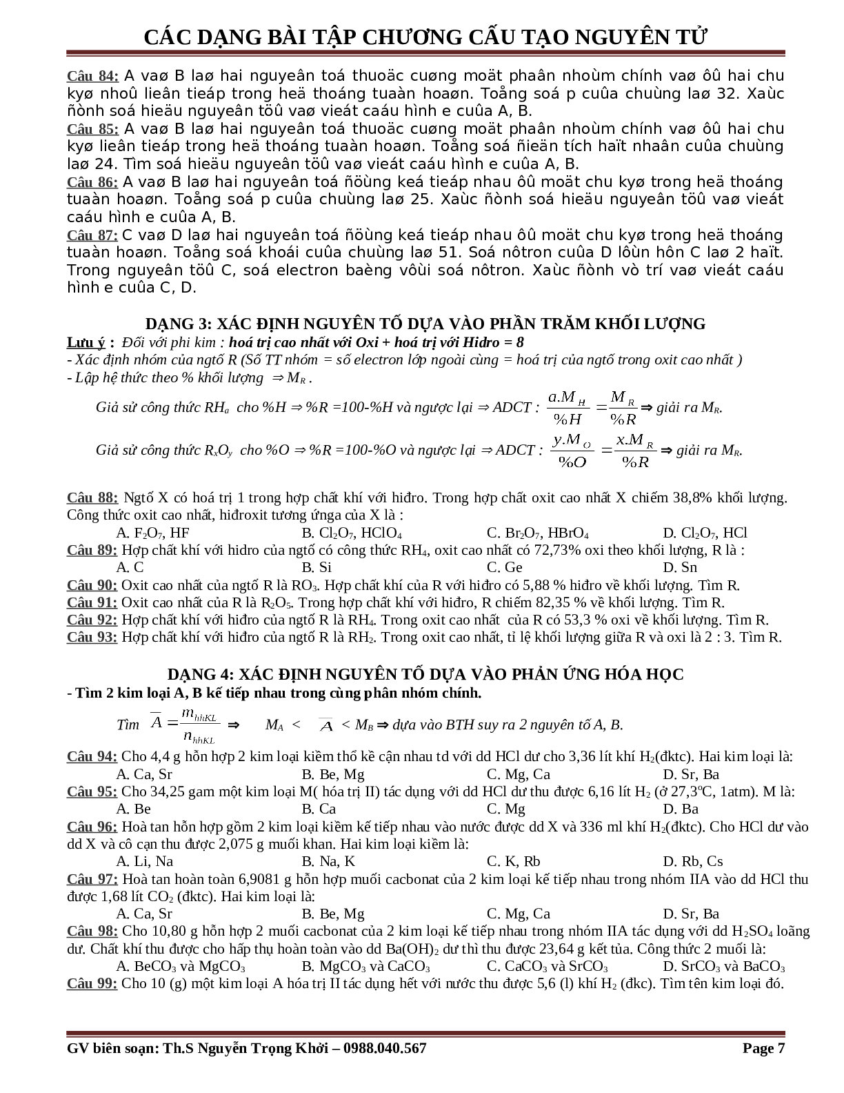 Bài tập về cấu tạo nguyên tử cơ bản, nâng cao (trang 7)
