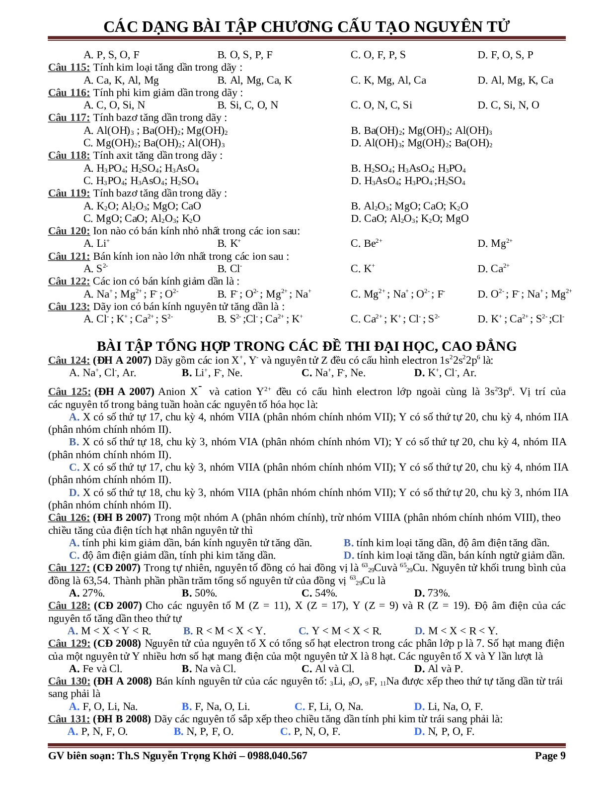 Bài tập về cấu tạo nguyên tử cơ bản, nâng cao (trang 9)