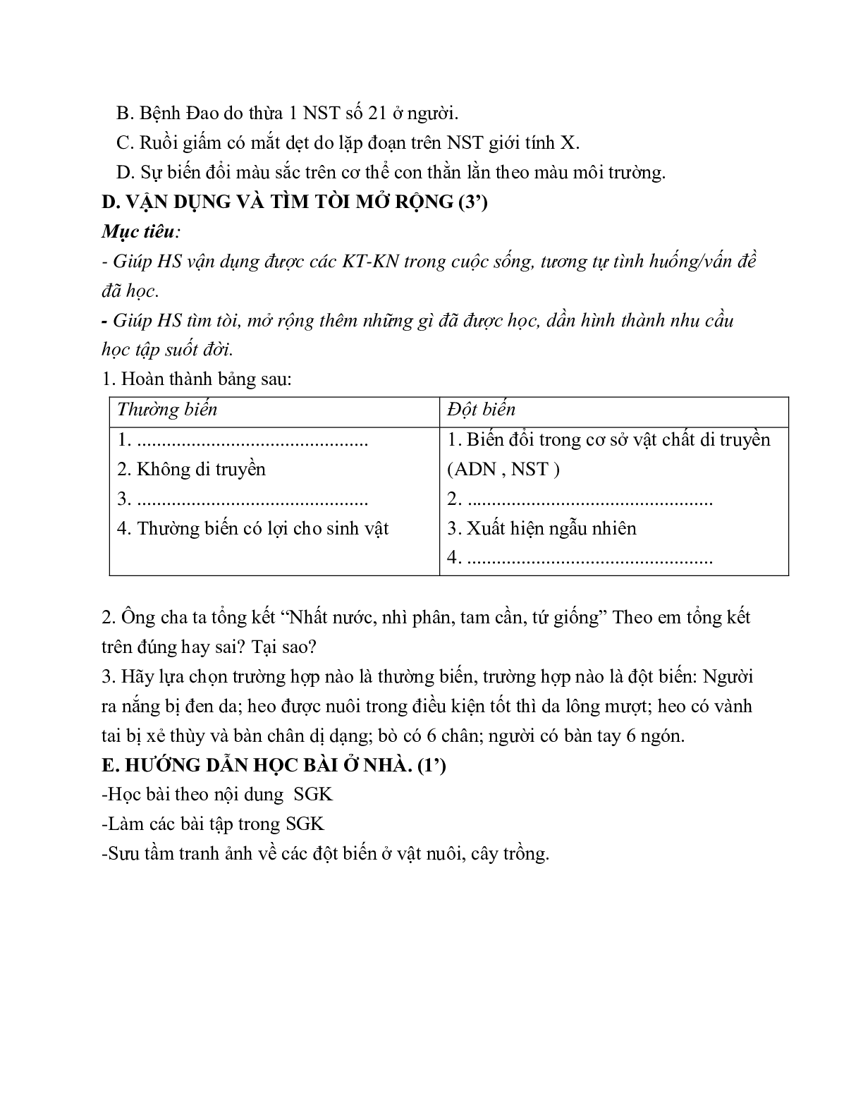 Giáo án Sinh học 9 Bài 25: Thường biến mới nhất - CV5512 (trang 5)