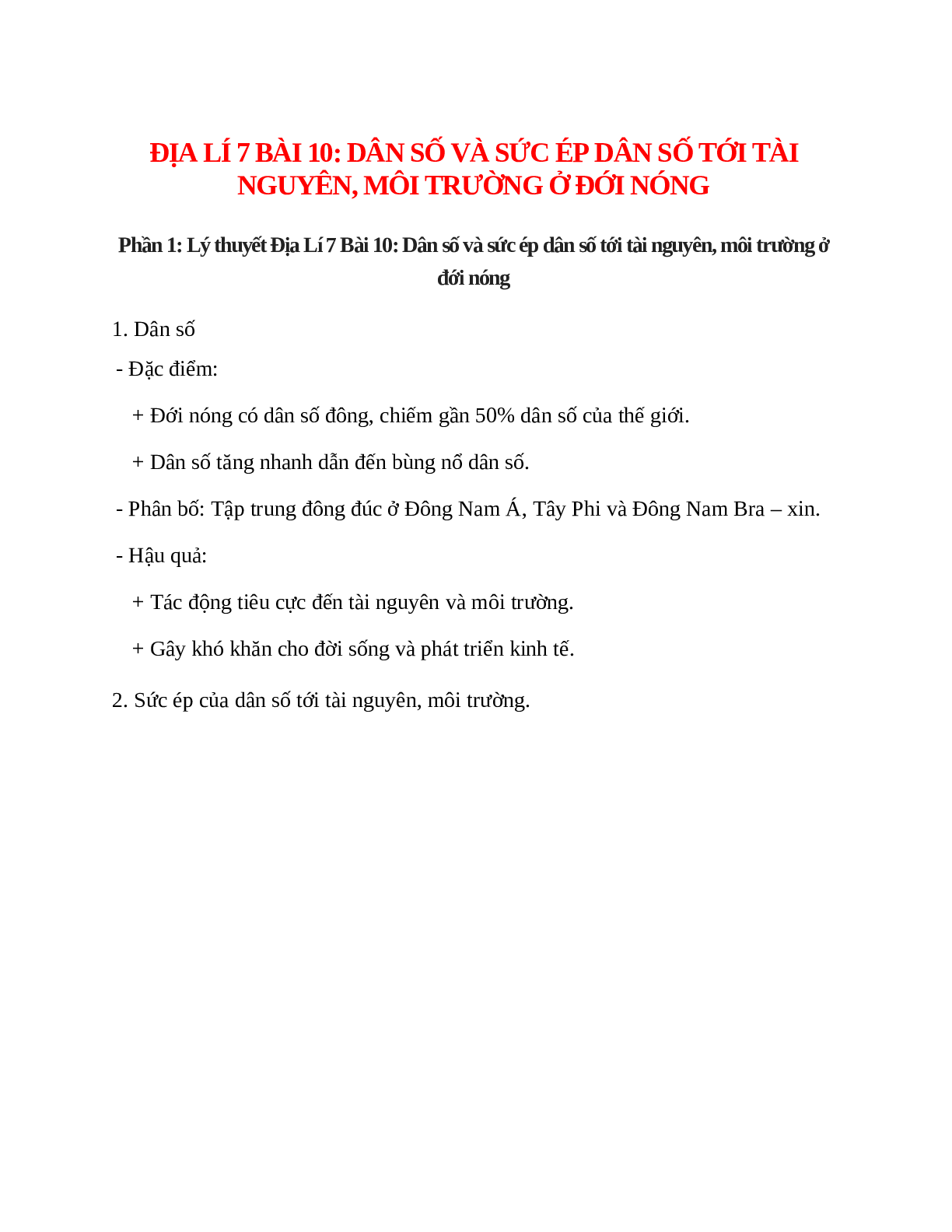 Địa Lí 7 Bài 10 (Lý thuyết và trắc nghiệm): Dân số và sức ép dân số tới tài nguyên, môi trường ở đới nóng (trang 1)