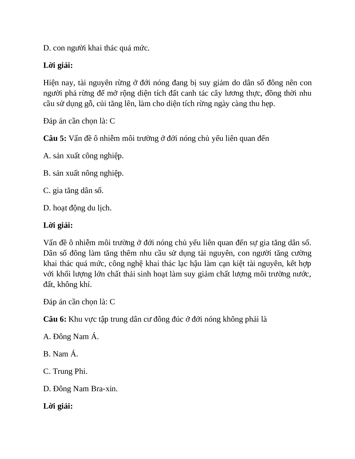 Địa Lí 7 Bài 10 (Lý thuyết và trắc nghiệm): Dân số và sức ép dân số tới tài nguyên, môi trường ở đới nóng (trang 5)