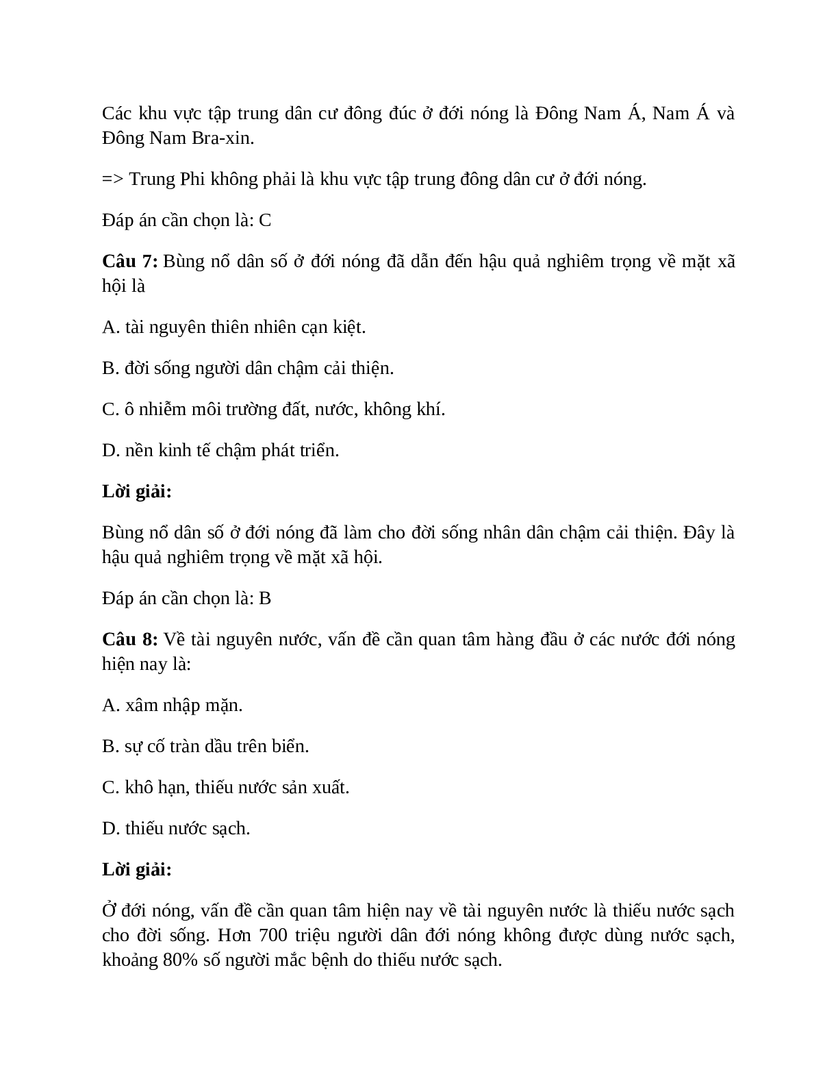 Địa Lí 7 Bài 10 (Lý thuyết và trắc nghiệm): Dân số và sức ép dân số tới tài nguyên, môi trường ở đới nóng (trang 6)