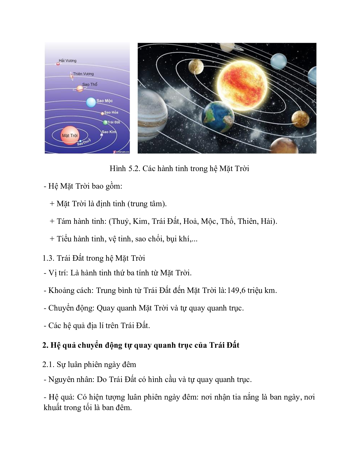Địa Lí 10 Bài 5 (Lý thuyết và trắc nghiệm): Vũ Trụ. Hệ Mặt Trời và Trái Đất. Hệ quả của chuyển động tự quay quanh trục của Trái Đất (trang 2)