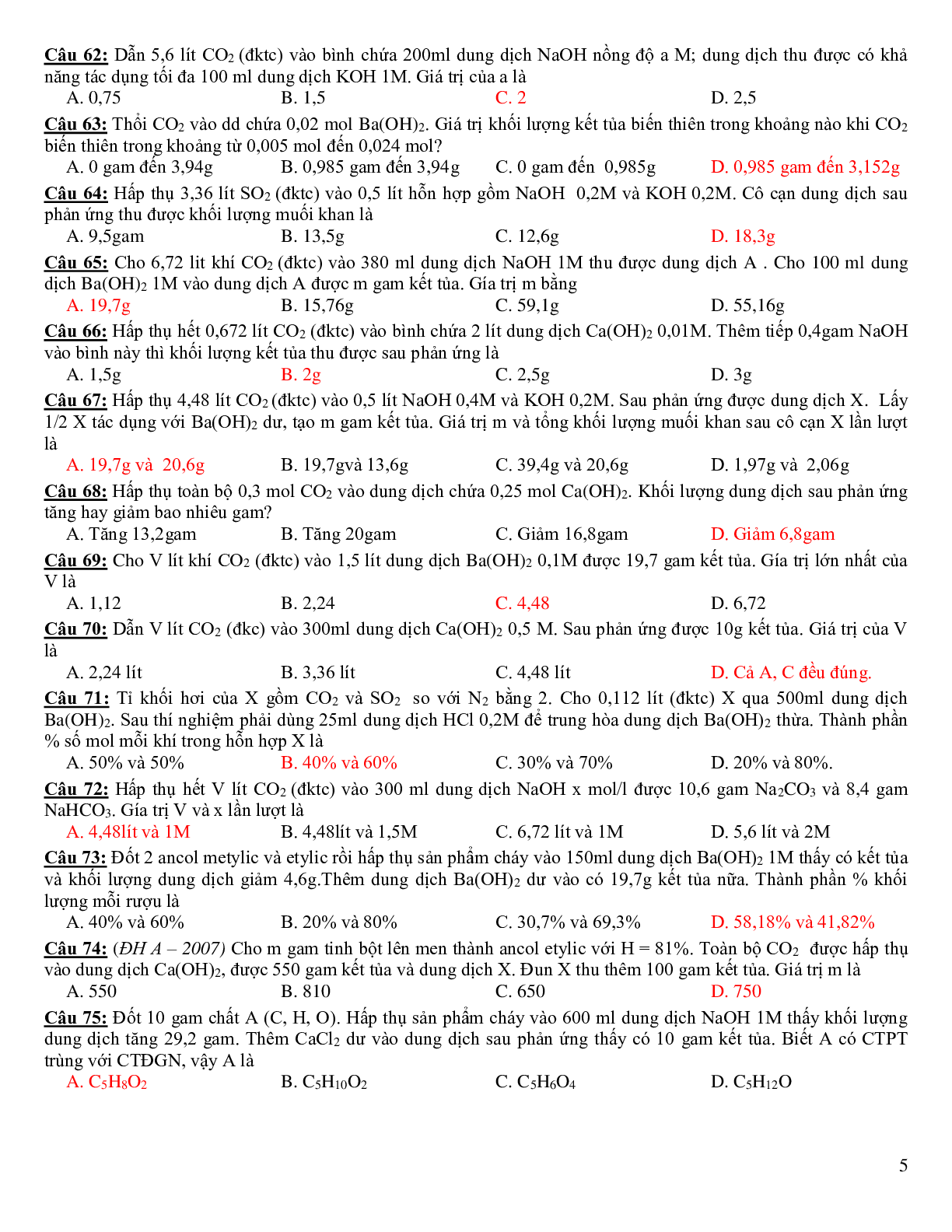 Trắc nghiệm CO2 tác dụng với dung dịch kiềm có đáp án (trang 5)