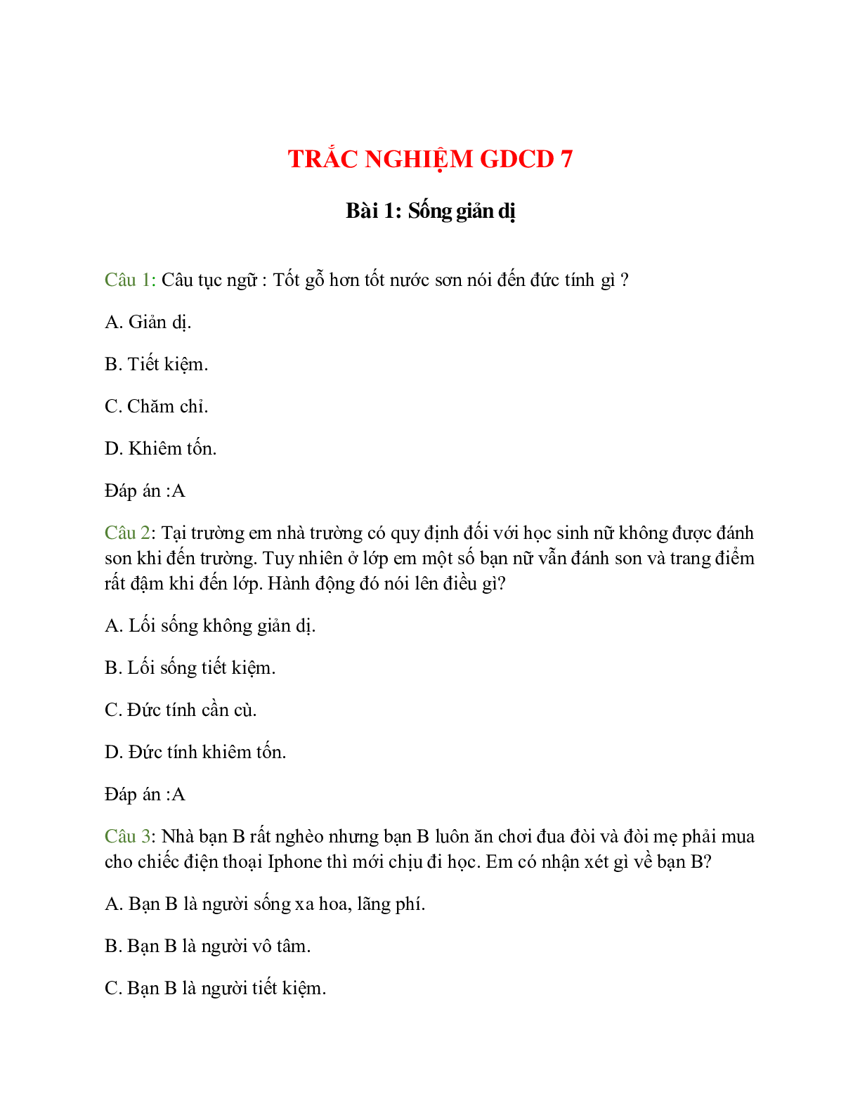 Trắc nghiệm GDCD 7 Bài 1 có đáp án: Sống giản dị (trang 1)