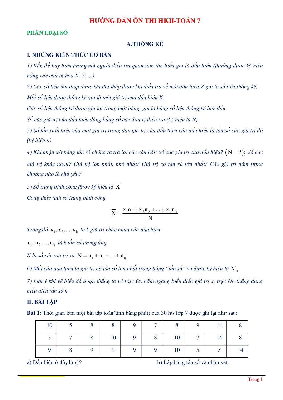 Hướng dẫn ôn thi học kỳ II Toán 7 (trang 1)