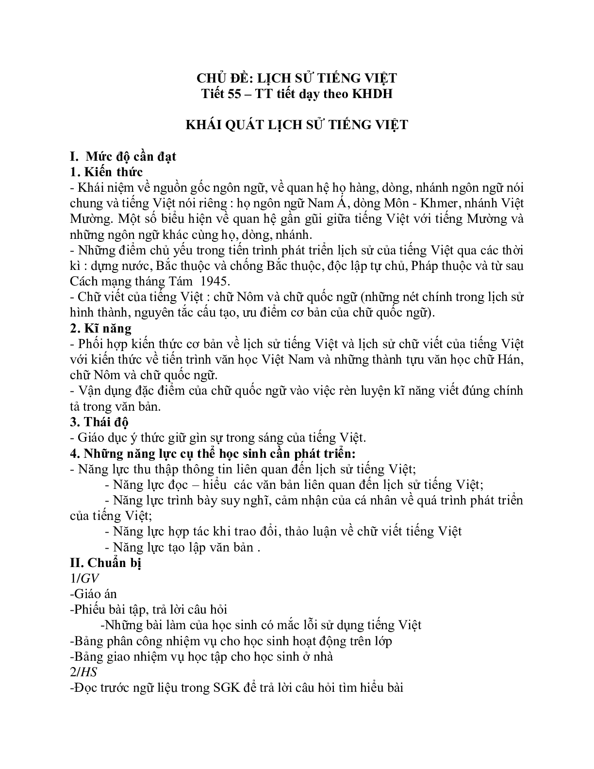 Giáo án ngữ văn lớp 10 Tiết 55: Khái quát lịch sử tiếng việt (trang 1)