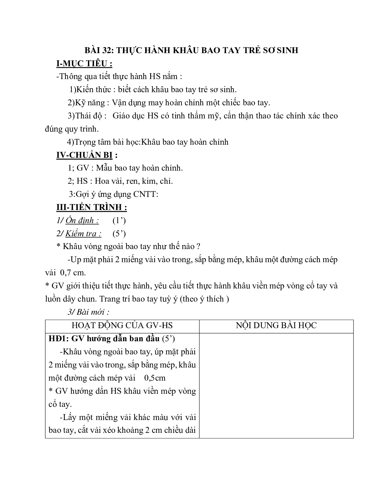 GIÁO ÁN CÔNG NGHỆ 6 BÀI 32: THỰC HÀNH KHÂU BAO TAY TRẺ SƠ SINH (T2) MỚI NHẤT – CV5555 (trang 1)